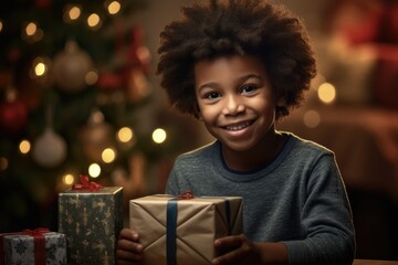 Fototapeta na wymiar Joyful Christmas: Black Boy Opens Present with a Smile | Unpacking Holiday Joy with a Dark-Skinned Child