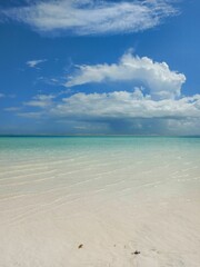 Fototapeta na wymiar Beach with a crystal blue ocean, surrounded by the sandy shore