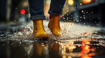 feet in rubber boots rain puddle, fun in the rain,