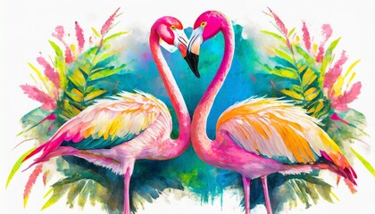 Colorful flamingo birds hugging in a pond painting, watercolor style background - obrazy, fototapety, plakaty