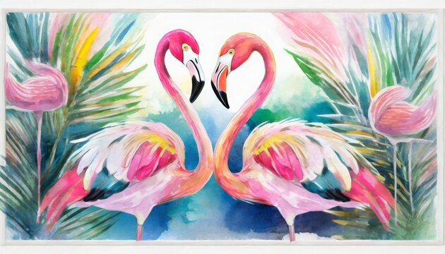 Colorful flamingo birds hugging in a pond painting, watercolor style background
