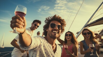 Group of diverse friends drink champagne while having a party in yacht. Attractive young men and women hanging out, celebrating holiday vacation trip while catamaran boat sailing - obrazy, fototapety, plakaty