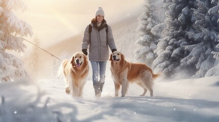 Happy family walking their pet golden retriever in the winter forest outdoors