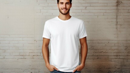 portrait of a happy man with hands in pocket and white mock up t shirt  - obrazy, fototapety, plakaty