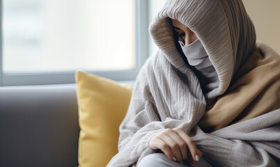 It's cold in the house in winter. Person freezing, fever or trouble with heating. Sad person in wool plaid and scarf and wearing warm hat sitting on sofa at home in wintertime