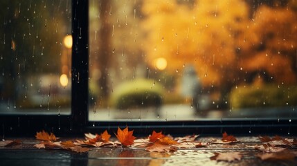 Rainy day with autumn leaves on window glass outdoor. Concept of fall season. 