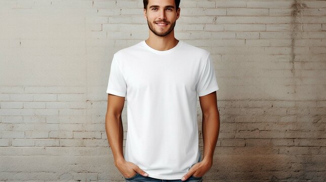 Portrait Of A Happy Man With Hands In Pocket And White Mock Up T Shirt 