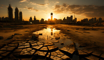 A catastrophic looking sunset over a desolate, drought-stricken landscape with a city backdrop.