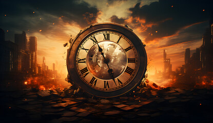 A striking clock amidst ruins symbolises the urgent countdown of time on Earth.