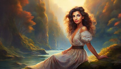 Good-looking cool woman portrait, looking in the distance confidently art illustration