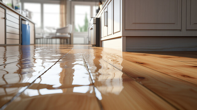 Flooded floor in kitchen from water leak. Damage , Property insurance concept