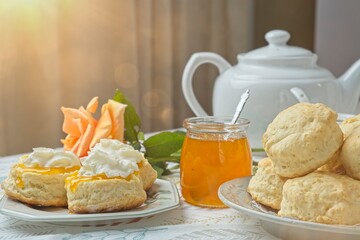 Scones with apricot jam and whipped cream on a table with jar of jam