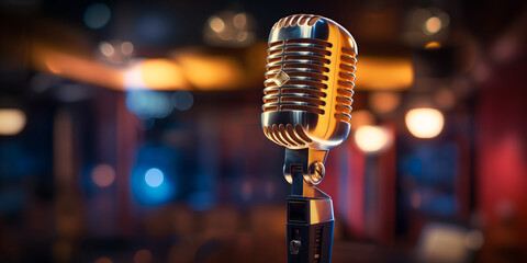 Concept bannner card for party, event with mic karaoke. Stylish old retro microphone on colored background with bokeh
