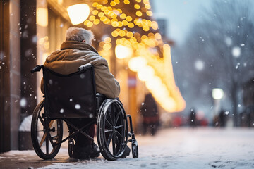 Old senior man in wheelchair in front of winter road. Concept problem life of disabled with snow