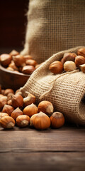 Hazelnuts in burlap sack on wooden surface. Sack full of nuts prepared for easy snack bag. Consuming local commerce in small businesses and cooperatives that produce organic foods.