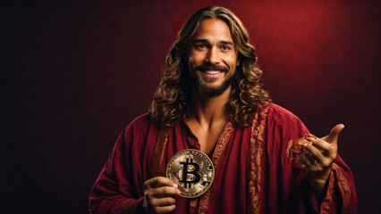 Happy Jesus Christ with a Bitcoin in his hand.