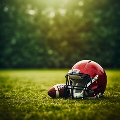 football helmet and football on grass and stadium with copy space. Made with generative ai