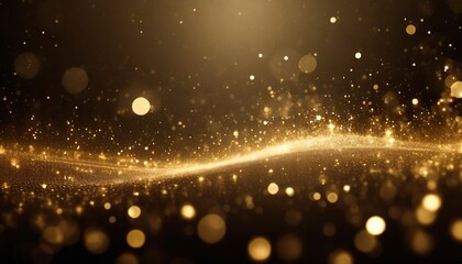 Digital gold color particles flow with dust and bokeh background - obrazy, fototapety, plakaty