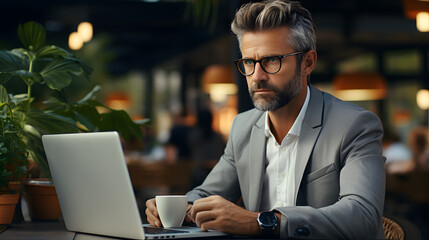 Busy middle aged executive, mature male hr manager holding documents using laptop looking at pc in office at desk, thinking over financial data report feeing doubt about market assets investment risk