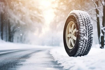 Foto op Plexiglas Brand new winter car tires showcased against a snowy road backdrop. cy Journey, Wheel winter tires ready for winter with snow and all difficult weather conditions © Eli Berr