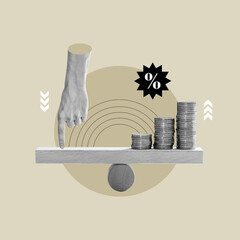 Businessman, balance, stacks coins, wooden seesaw, maintaining balance of economy, controlling the...