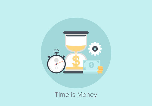 Vector illustration of time is money flat design concept isolated on blue background.