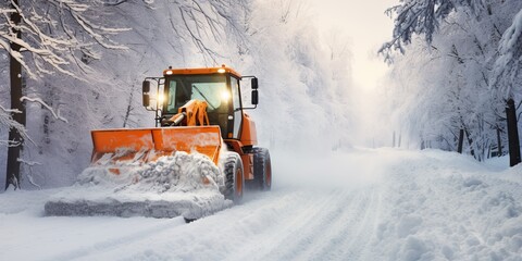 Snowplow removing snow from a road during a winter blizzard or snowstorm. Concept of traffic in...