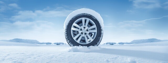 Brand new winter car tires showcased against a snowy blue backdrop, winter tires ready for winter with snow and all difficult weather conditions