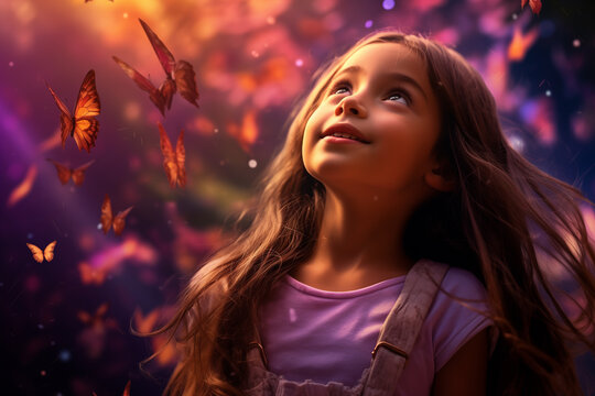 A little girl watches flying butterflies with surprise and delight