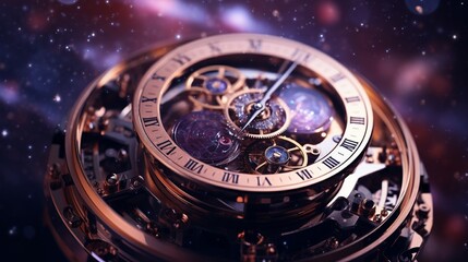 The internal workings of a mechanical watch interposed with a galaxy's swirling arms, mapping time in the macro and micro.