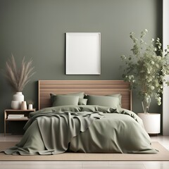 Mockup modern bedroom in sage green with empty frame. 