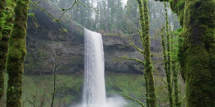 Slow motion of a foamy waterfall coming down the cliff in the green forest