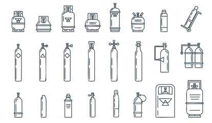 Gas cylinder line icons. Oxygen cylinders, petroleum storages outline symbols. Canisters and containers, metal industrial bottles decent vector set