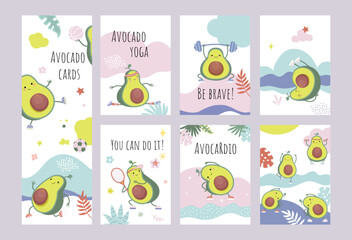 Cartoon avocado motivation cards. Cute avocados characters posters or covers print templates. Healthy food and lifestyle, nowaday vector graphic design