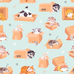 Cardboards boxes with cats seamless pattern. Kittens playing, resting and transportation in box. Cartoon funny pets nowaday vector background