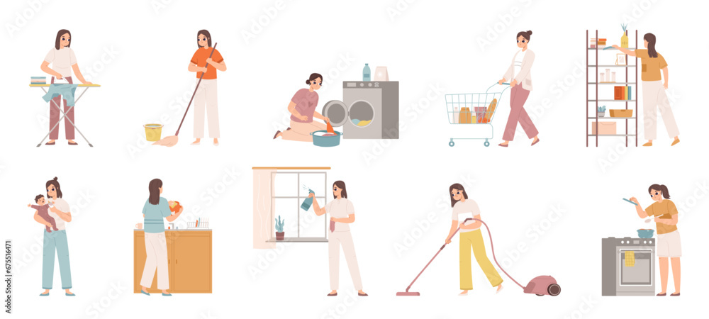 Sticker Cute housewives character. Young woman cleaning house, girl doing housework. Isolated cartoon housekeeper and nanny, cooking and clean snugly vector set