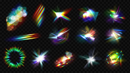 Iridescent flare, glowing sparkles, prism effect. Optical spectrum light, gemstone, diamond or rainbow reflection. Pithy vector bright rays set - obrazy, fototapety, plakaty