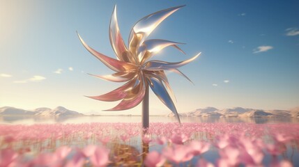 The petals of a lotus flower layered upon the spinning blades of a wind turbine, a confluence of serenity and dynamism.