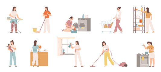 Cute housewives character. Young woman cleaning house, girl doing housework. Isolated cartoon housekeeper and nanny, cooking and clean snugly vector set