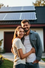 Fototapeta premium Happy young family standing together and smiling at camera with a large solar panels in the background installed on their new house