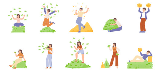 People with money. Teenagers and young adults successful business characters. Male female sitting, hugging coins and banknotes, snugly banking vector scenes