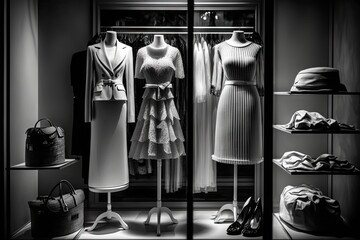 Luxury and fashionable european different clothes shop window display - black and white - obrazy, fototapety, plakaty