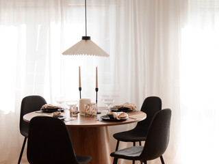 Modern living interior. Scandinavian interior. Dinning table. 