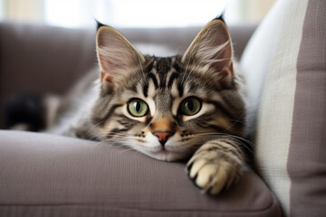 Cute tabby cat with striking green eyes rests on a beige sofa and looking into the camera. Sweet animal concept