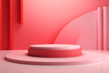 Pink product podium promotion stage on red minimal background. Empty scene platform stand studio base