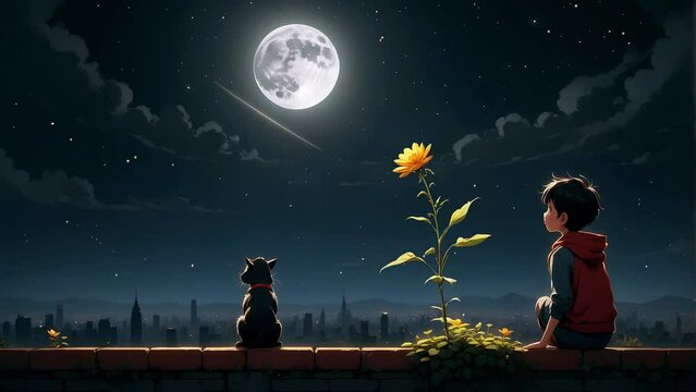 The boy on the roof with his cat, under the moon, with twinkling stars,  falling stars