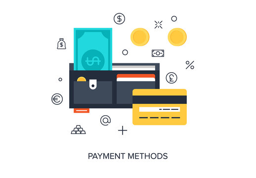 Vector illustration of flat and colorful payment methods concept. Design elements for web and mobile applications.