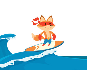 Fox superhero. Active sport fox standing on surfboard and flowing on wave. Vector cartoon mascot