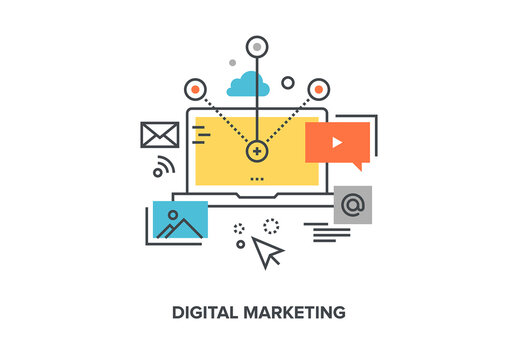 Vector illustration of digital marketing flat line design concept.