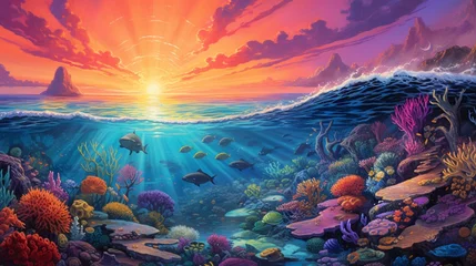 Poster A coral reef bustling with marine life, blended into a vibrant sunset over the ocean. © Ai Studio